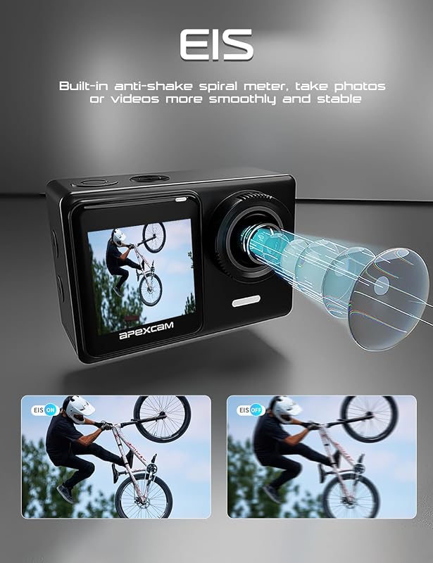 Apexcam X70 PRO 4K 30FPS Akciókamera - 20MP Dupla Érintőkijelzős Vízálló Sportkamera 40m Mélységig, Képstabilizátorral, WiFi, 2db 1350mAh