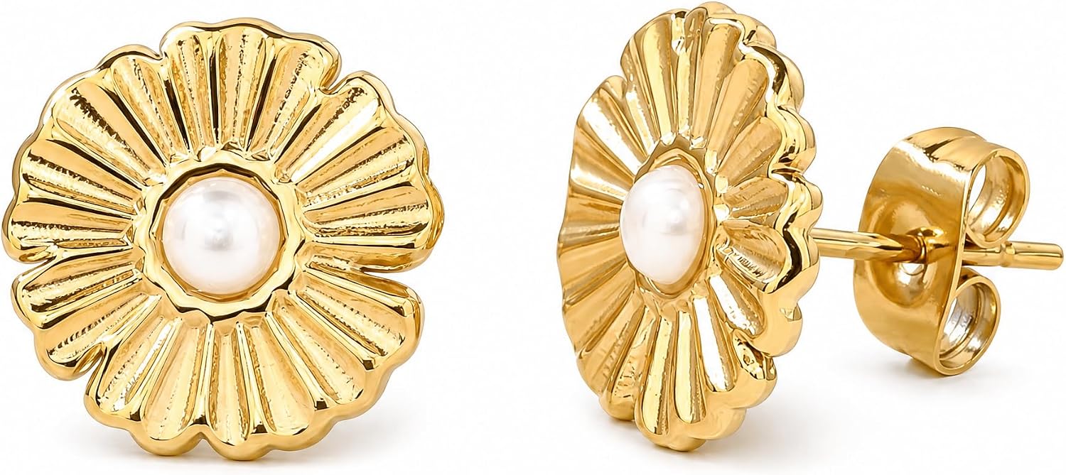 14K Gold Plated Pearl Stud Earrings for Women, Vintage Inspired 3D Daisy Flower Earrings for Sensitive Ears, Quiet Luxury Everyday Jewelry