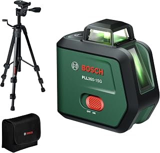 Bosch Line Laser PLL360‑15G (360° green laser lines, IP54 dust and water protection, Li-ion battery with USB‑C charging, incl. TT 120 stand, storage bag and manual)