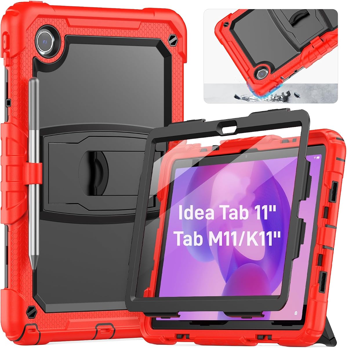 HXCASEAC for Lenovo Idea Tab 11 Case, Tab M11 / K11 Case (TB336FU/TB330FU) | Shockproof Design | Screen Protector | Built-in Stand | Pen Holder, Lenovo Idea Tab 11 / M11 Tablet Cover Kids 11 inch, Red