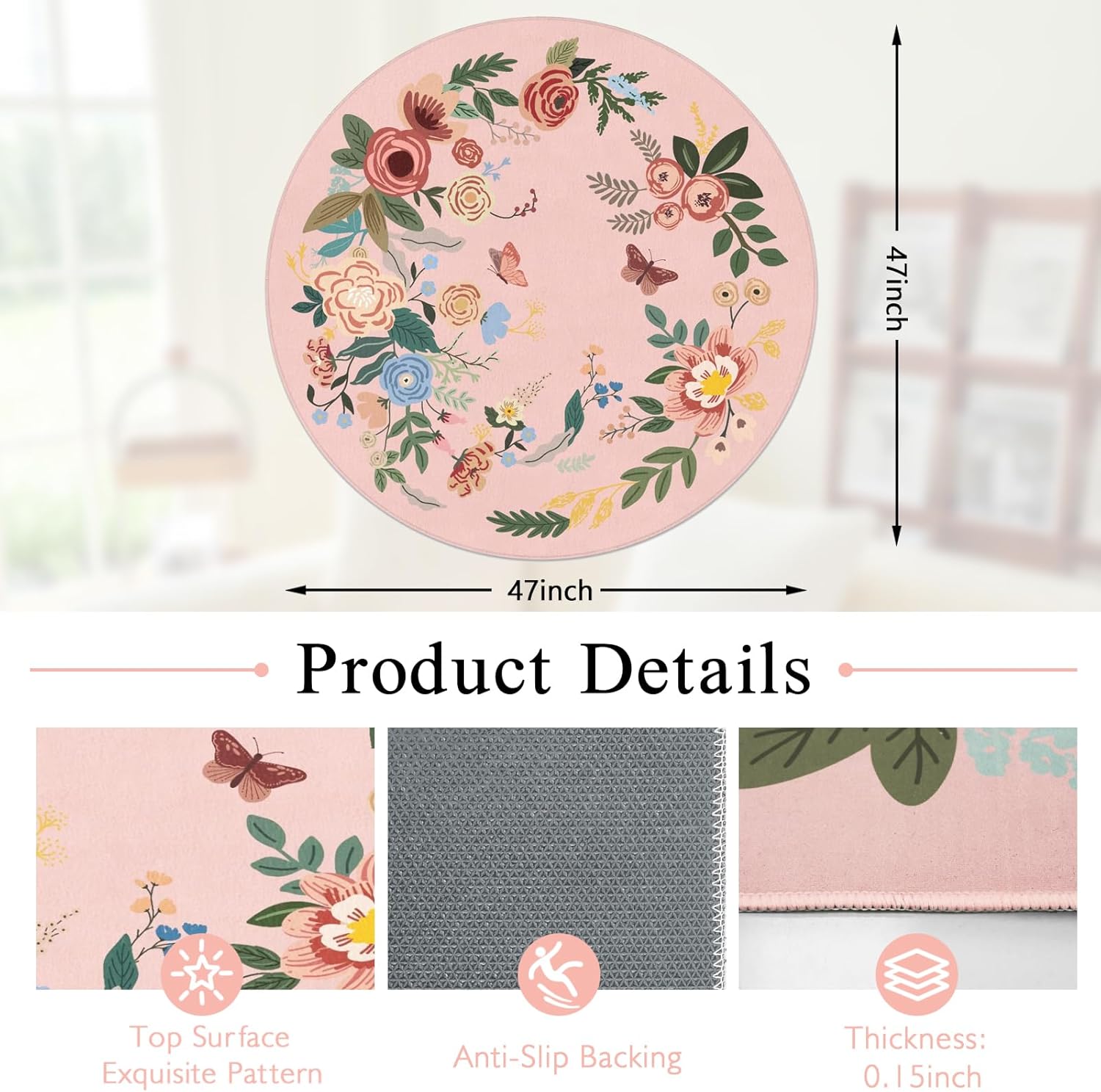Office Chair Mat for Hardwood Floor 47"X 47" Round Gaming Rolling Chairs Rugs for Office Computer Desk Chair Non-Slip Game Protector Mats for Hard Floor & Tile Floor,Carpet Decor(Pink Flowers)