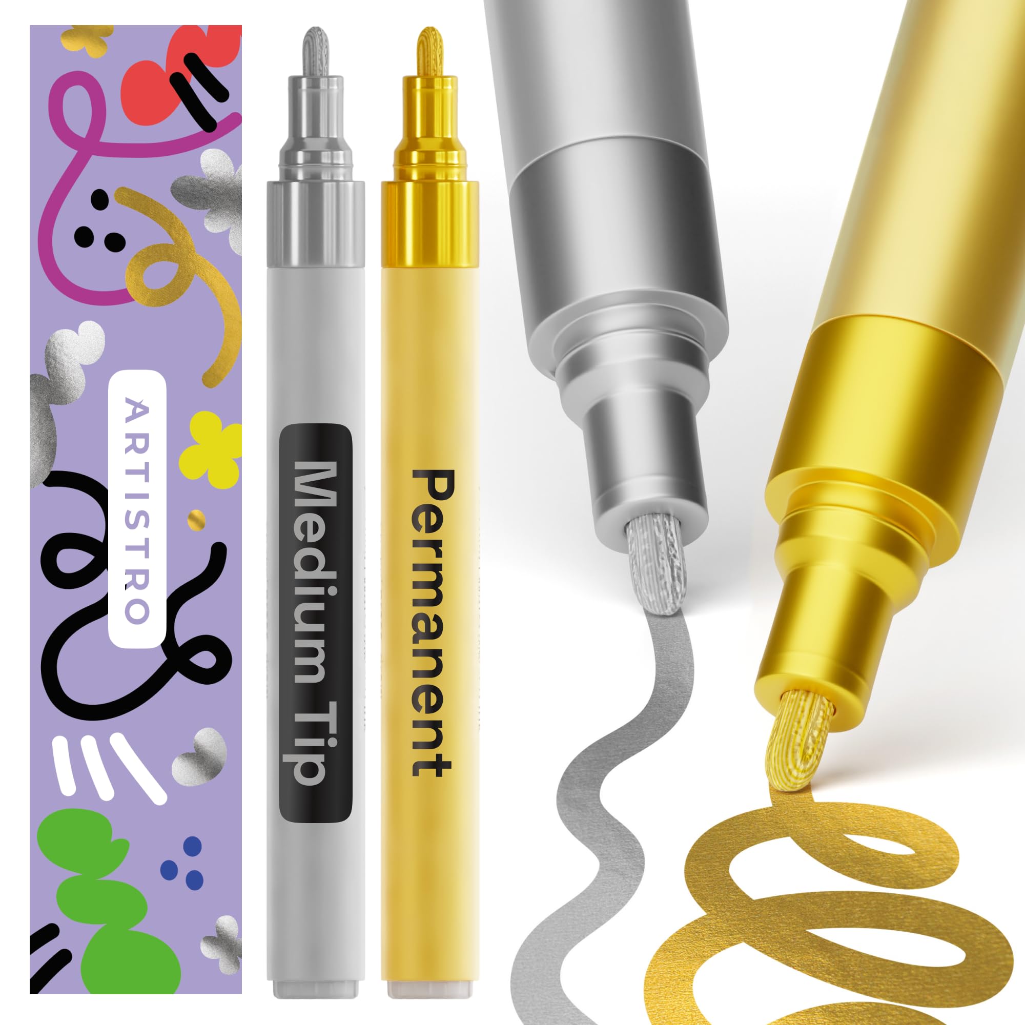 ARTISTRO 2 Gold &amp; Silver Permanent Marker - Waterproof Markers for Tire, Fabric, Rocks, Glass, Ceramic, Wood, Paper - Oil Based Paint Pens - Medium Tip 3mm