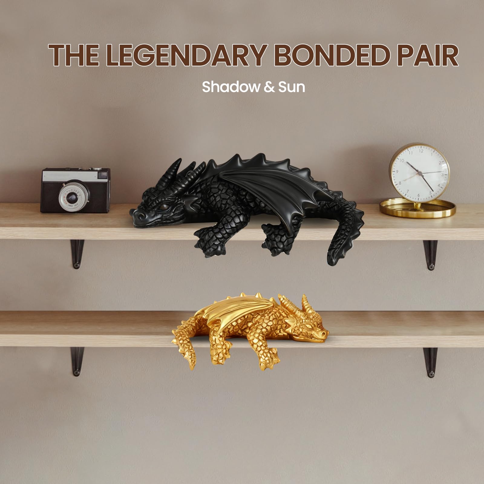 Wnsamoddy - Juego de decoración de estantería de dragón, sujetalibros de fantasía de resina sólida, estatuas de dragón negro y dorado para estantes, accesorios de rincón de libros Dark Academia