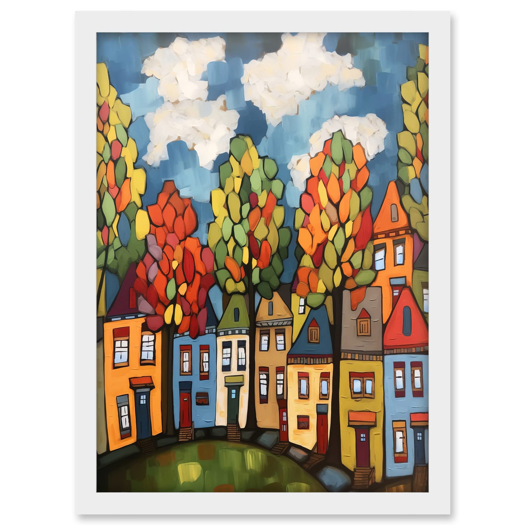 Artery8 Multicoloured Row Of Houses With Autumn Trees Contemporary Folk Art Painting Artwork Framed A3 Wall Art Print