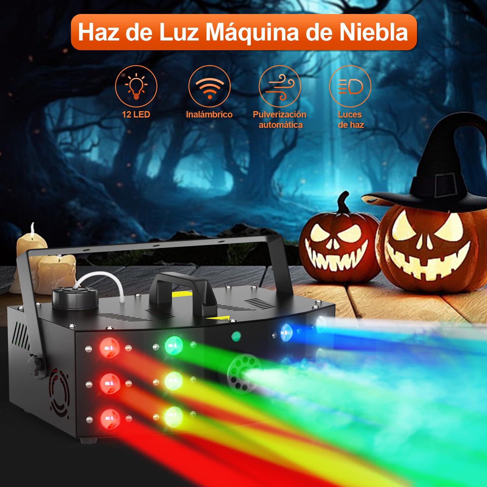 Hakuta Máquina de Humo con 12 Luces LED DMX, Control Remoto Inalámbrico para Interior y Exterior - Efectos para Fiestas, Bodas, Halloween y Escenarios