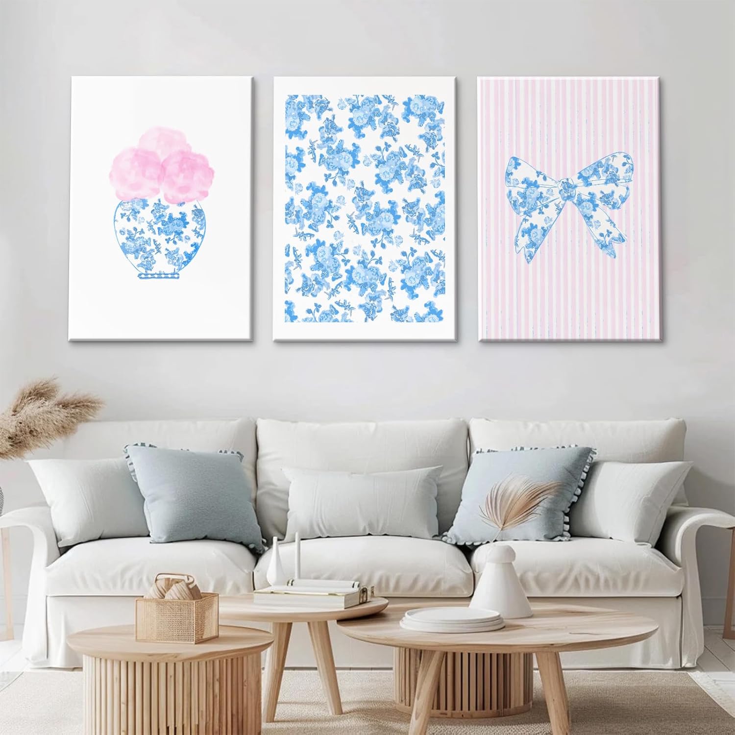 Blue And Pink Flower Wall Art Bow Chinoiserie Wall Decor Blue White Canvas Wall Art Preppy Posters Wall Decor Watercolor Trendy Prints Aesthetic Painting for Girly Room Bedroom 12x16x3 Inch Framed