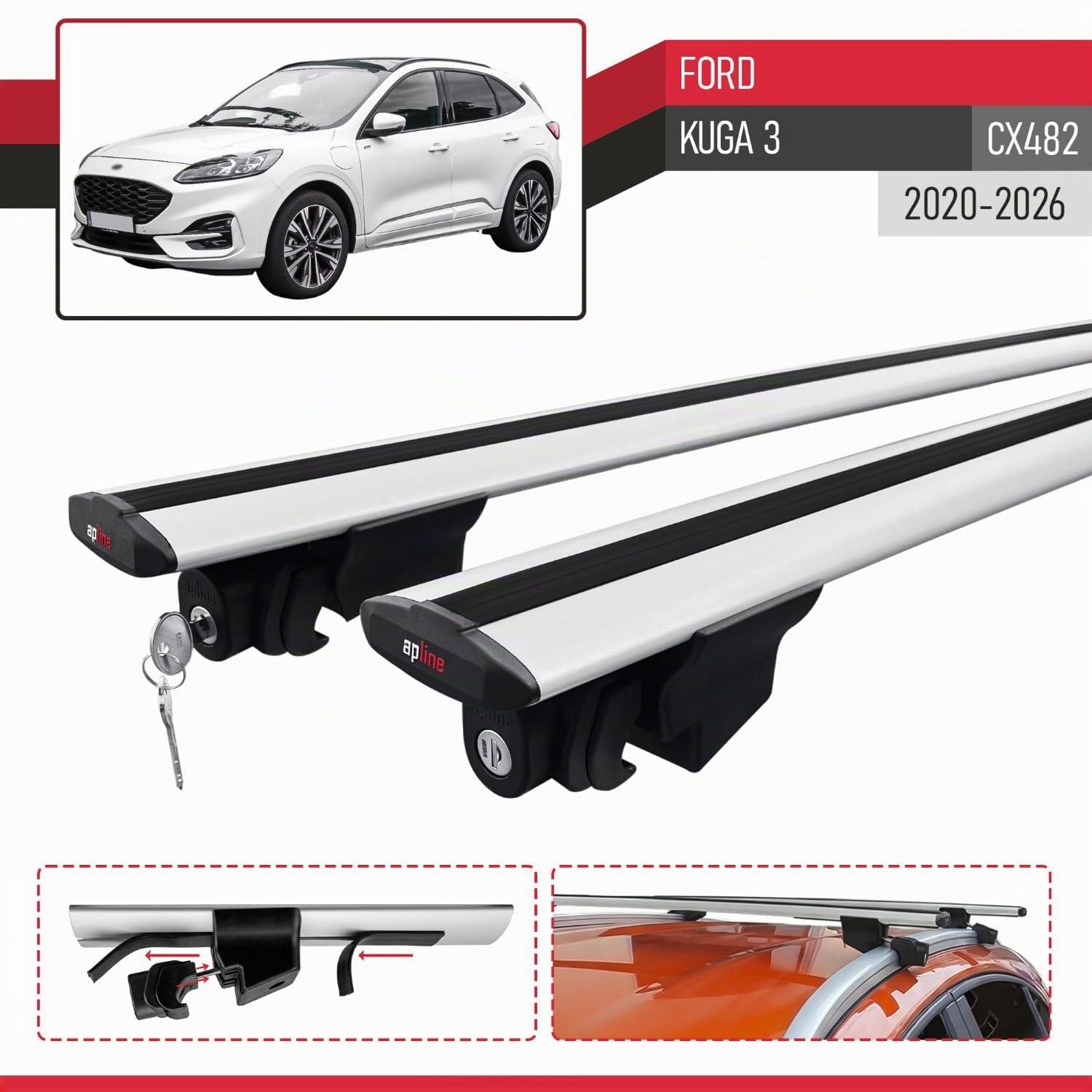 Compatible con Ford Kuga 3 (CX482) 2020-2026 Modelo Hook Barra de Techo Auto Portaequipajes Barras Transversales Gris Aluminio 2 Barras