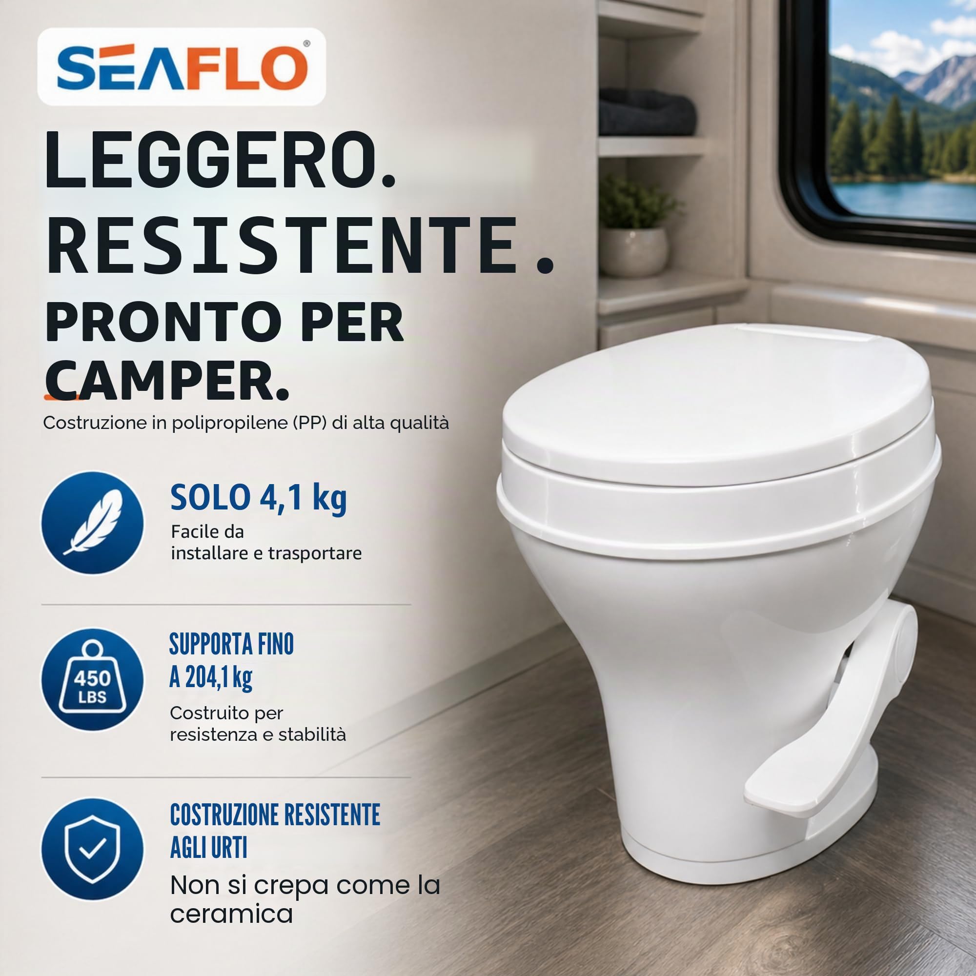 SEAFLO, WC per camper con altezza stile WC domestico da 46,7 cm, pedale con scarico a gravità, si adatta alla maggior parte dei camper (distanza di installazione di 24,1 cm), sedile con chiusura