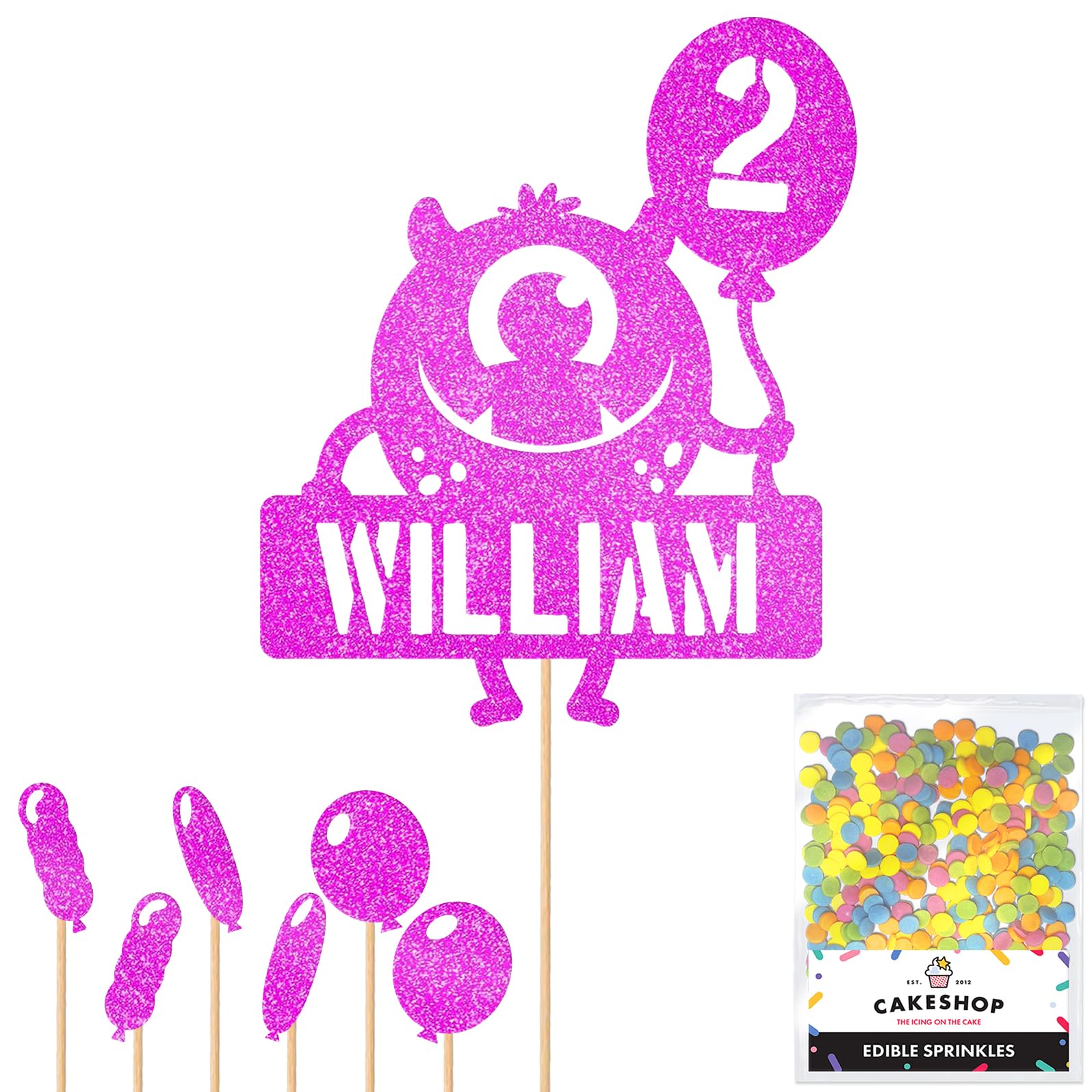 Personalised Birthday Monster Alien Glitter Cake Topper- Pink Any Custom Age & Name Glitter Cake Decoration and Sprinkles - Happy Birthday Decorations - Personalised Toppers for Cakes by Cakeshop