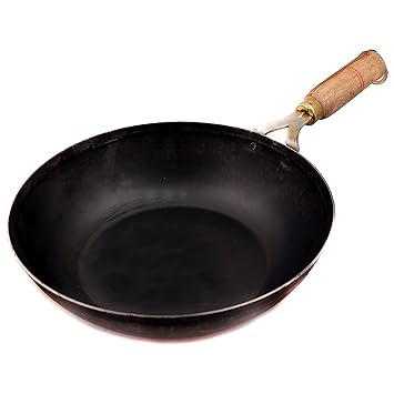 FERUS Iron Traditional Multipurpose Frying Pan with Handle Gas Stove and Induction Friendly Flat Base Fry Pan Vagharia Cookware for Home Kitchen Kadai with Round Bottom (24 cm, Black)