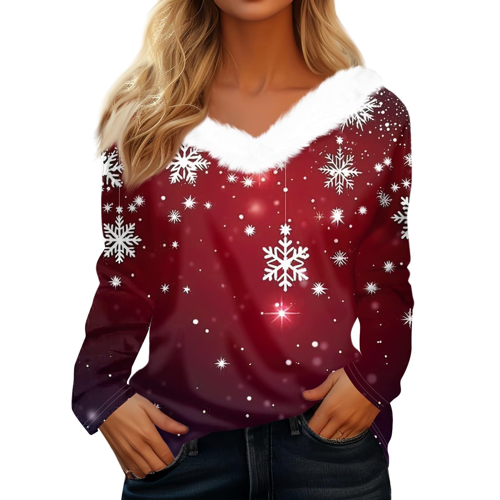 Ladies Festive Top V Neck Faux Fur Trim Long Sleeve Christmas Shirt