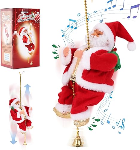 Papá Noel escalador con música, adorno colgante de árbol de Navidad, novedad de Papá Noel escalador en cuerda, decoración navideña, gran regalo