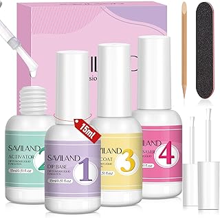 Saviland 4+4pcs Dip Powder Liquid Set – 0.52oz Dipping Powder Liquid Set with Dip Base & Top Coat Dip Activator Brush Saver Nail Dip liquid Nail Tools Starer Kit French Manicure Starter Set for Home DIY & Salon Use