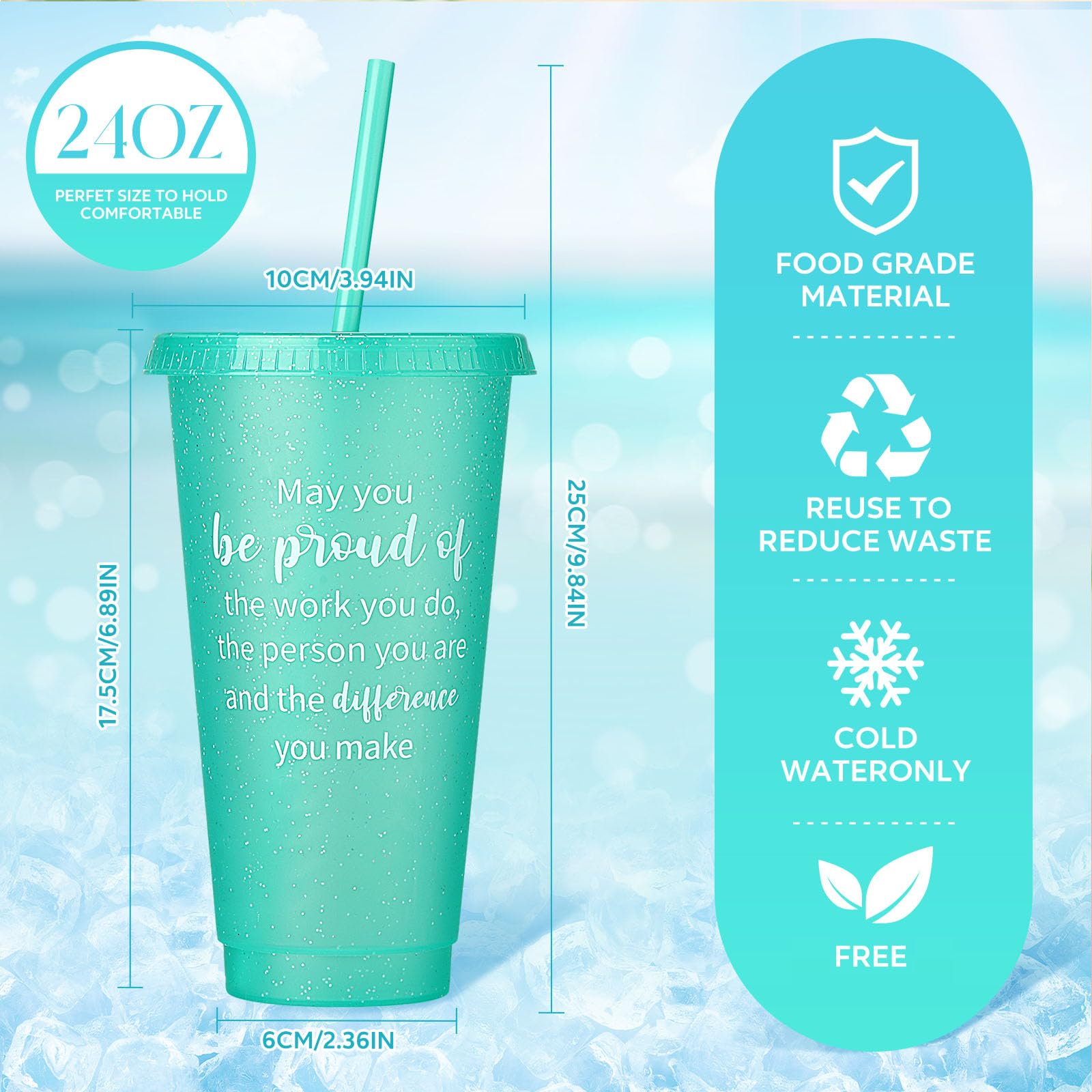 Dandat 48 bicchieri colorati da 680 ml, con coperchio, cannuccia glitterata, in plastica, riutilizzabili, per bevande ghiacciate e fredde, estive, spiaggia, feste, colore neon