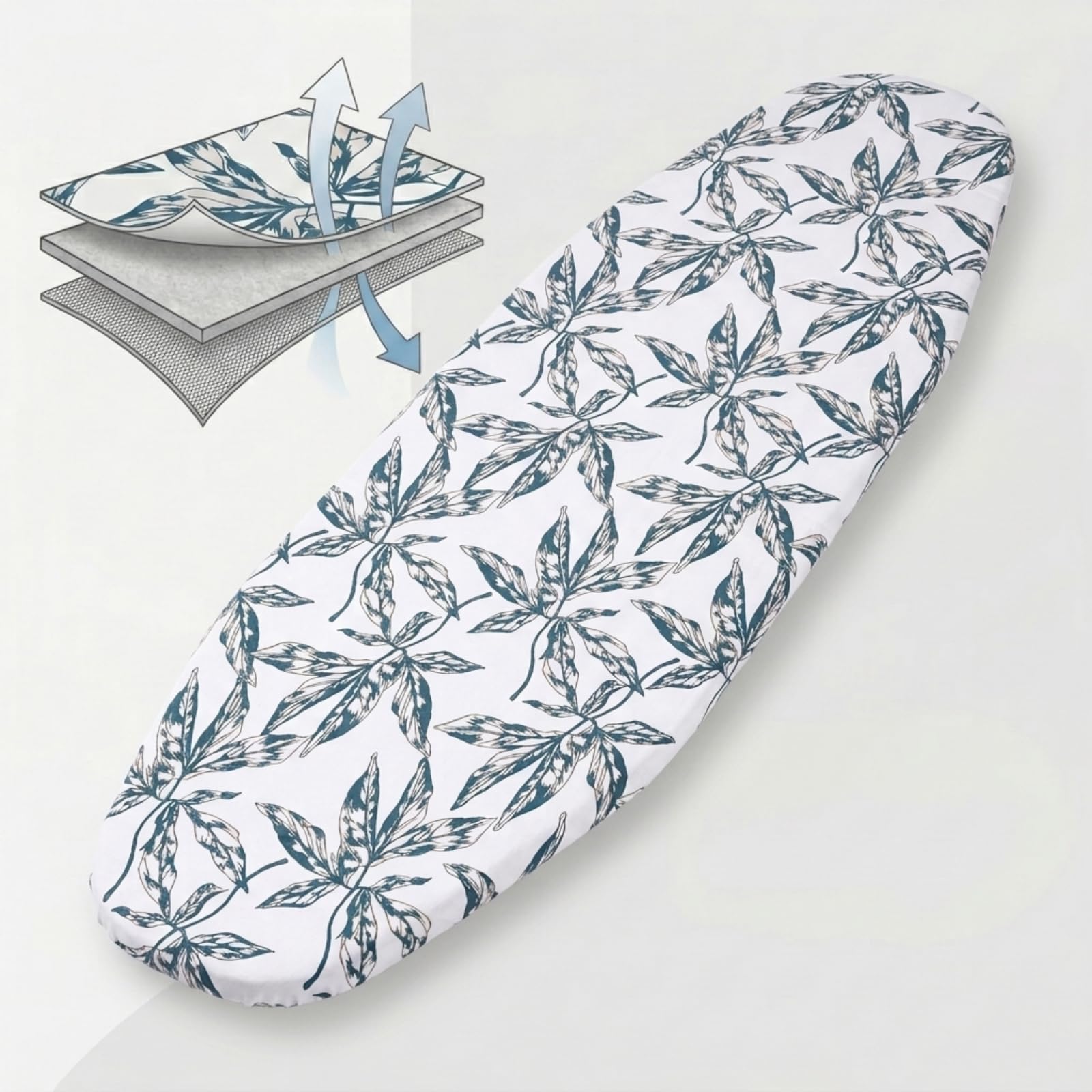 Umiin Ironing Board Cover 140 × 45 cm, Elastic Ironing Board Covers with Cotton Top and 6 mm Thick Felt Padding, Leaves Print