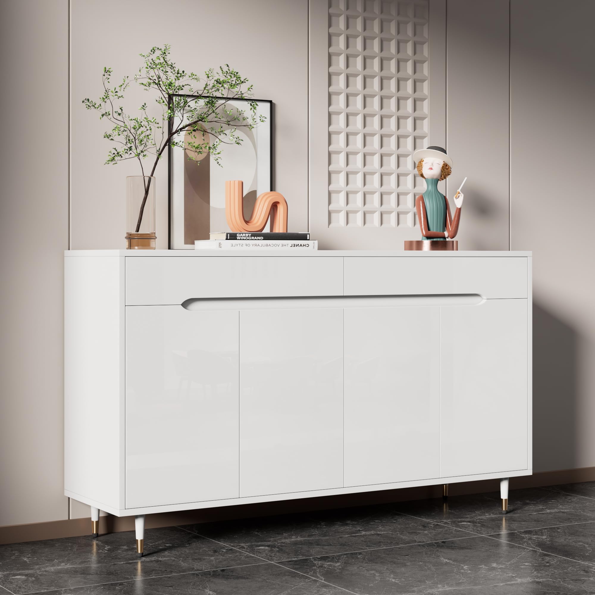 Zapatero moderno con dos puertas, dos cajones, estantes ajustables y patas doradas, espacio para 18-24 pares de zapatos, 140 x 39 x 84 cm (largo x ancho x alto)