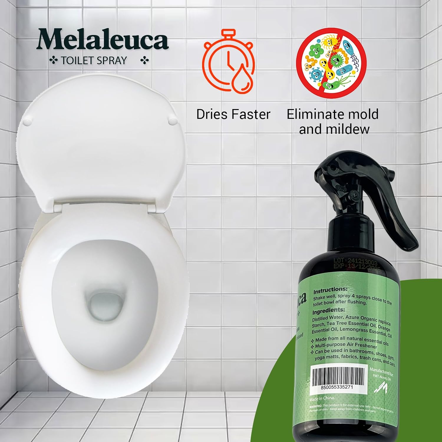 Melaleuca Spray - 100% Natural Tea Tree Oil Toilet Spray – 8 Oz - Natural Bathroom Odor Eliminator & Air Freshener – Pure Tea Tree Essential Oil with Lemongrass – Odor Eater, Paraben Free image 2