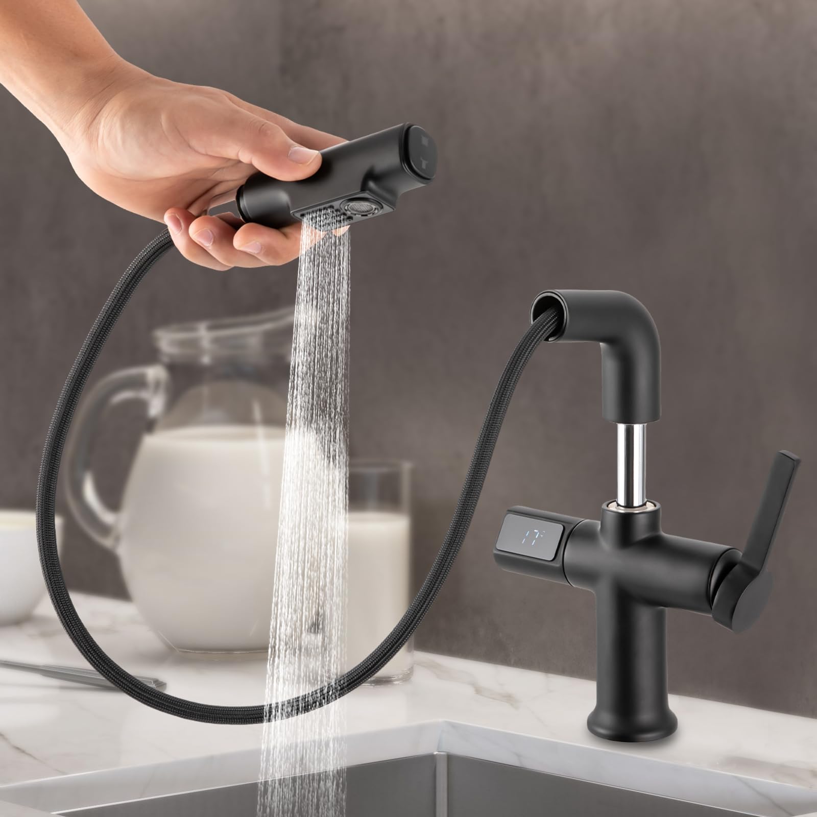 Grifo extensible para fregadero de cocina con indicador digital de temperatura, giratorio de 360 grados, extensible y con alcachofa extraíble (negro)
