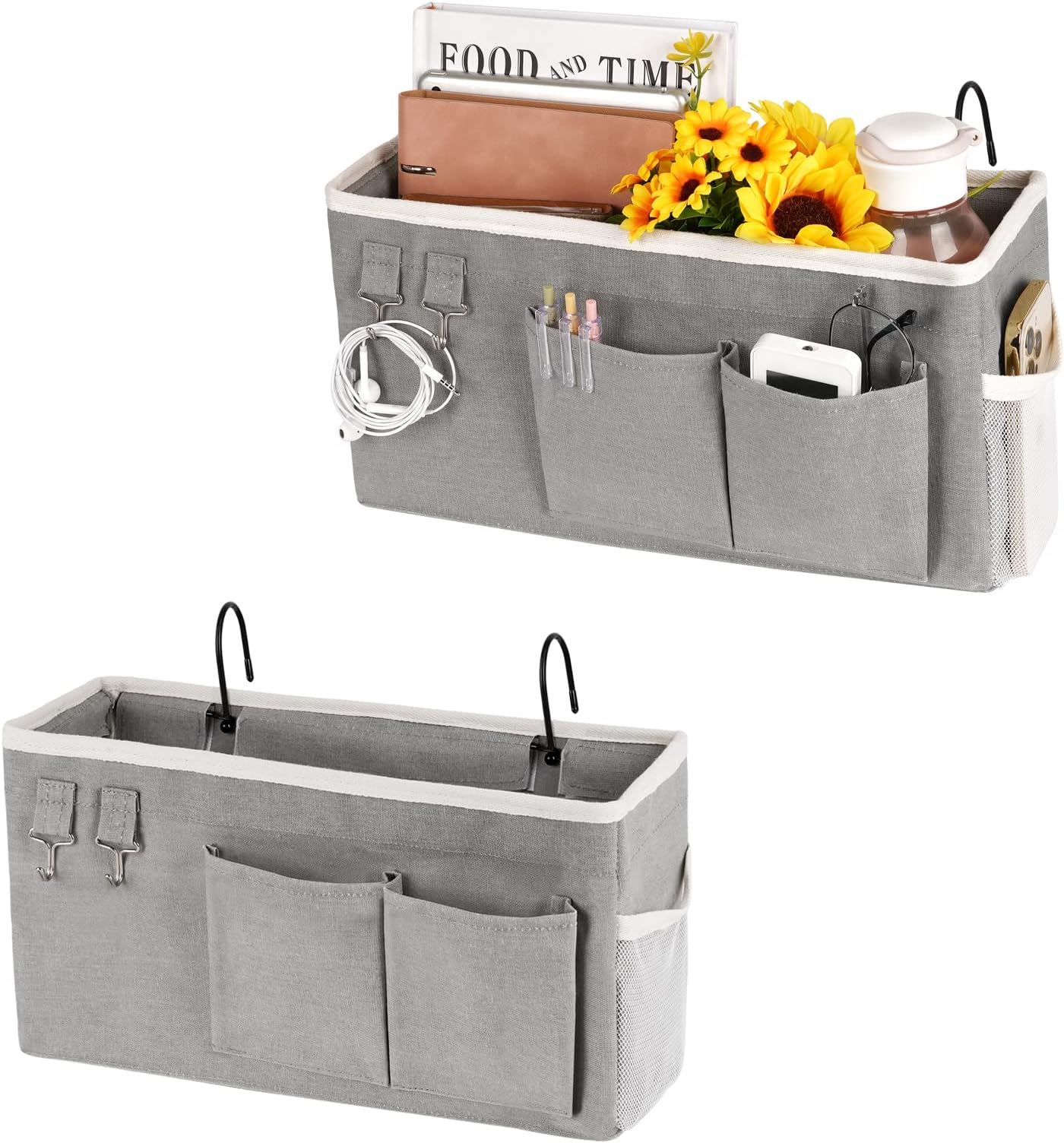 Loghot Bedside Caddy/Bedside Storage Bag Hanging Organizer for Bunk and Hospital Beds,Dorm Rooms Bed Rails,Can be Placed Glasses,Books,Mobile Phones,Keys (2pc Grey)