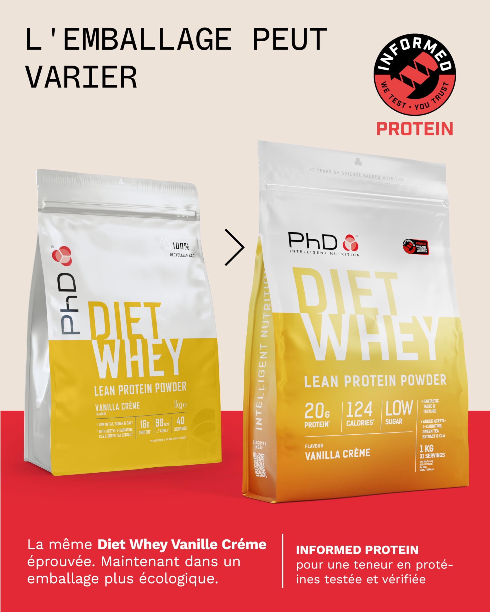 PhD Nutrition Diet Whey Protein Poudre 1kg Crème Vanille, Poudre protéinée peu calorique pour le soutien du régime, 16g de protéine par portion