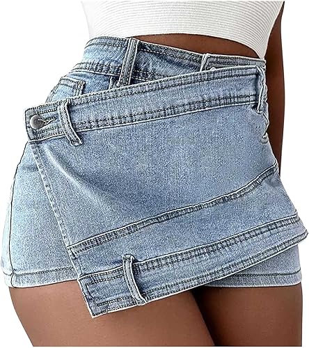XUNRYAN Pantalones cortos de mezclilla desgastados de cintura alta para mujer, minifaldas sexy 2 en 1, falda pantalón corto para playa y vacaciones