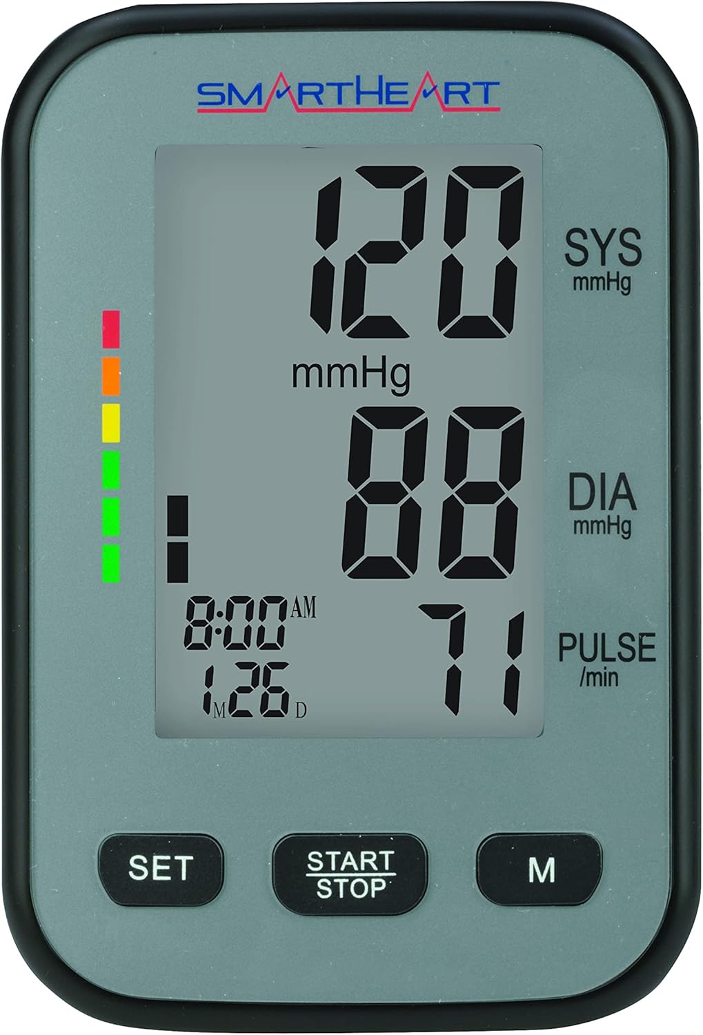 SmartHeart Blood Pressure Monitor display showing readings