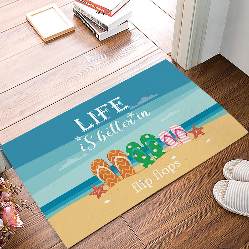 Beach Flip Flops Door Mat Life is Better at The Beach Front Door Mat Welcome Mats, Starfish Indoor Doormat for Bedroom Decor Living Room, Absorbent Non-Slip Floor Mats 20x32in Low-Profile Entryway Rug
