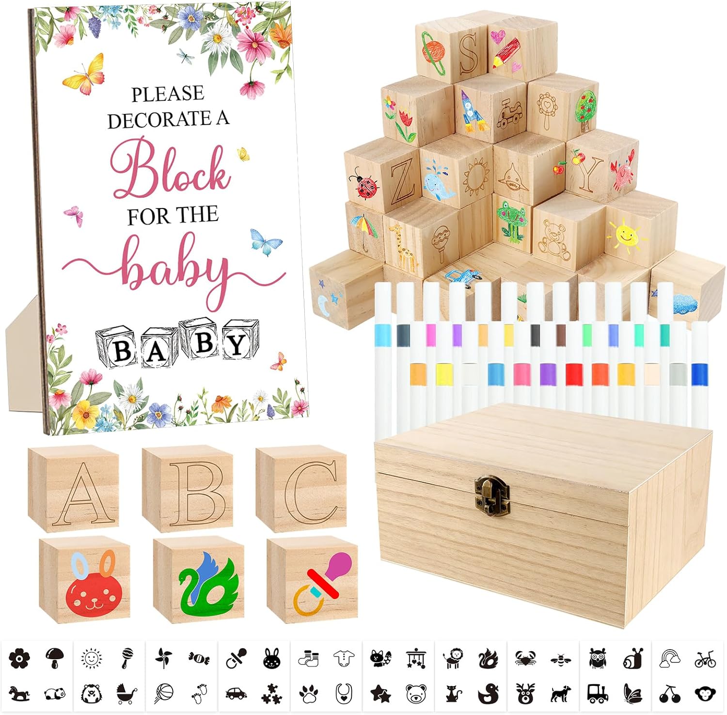 150 Pcs Wildflower Baby Shower Games Sign Kit, Including a Decorate Flower Game Sign 102 DIY Wooden Blocks 36 Acrylic Markers 10 Stencils 1 Storage Box, for Baby Shower Party Gender Reveal