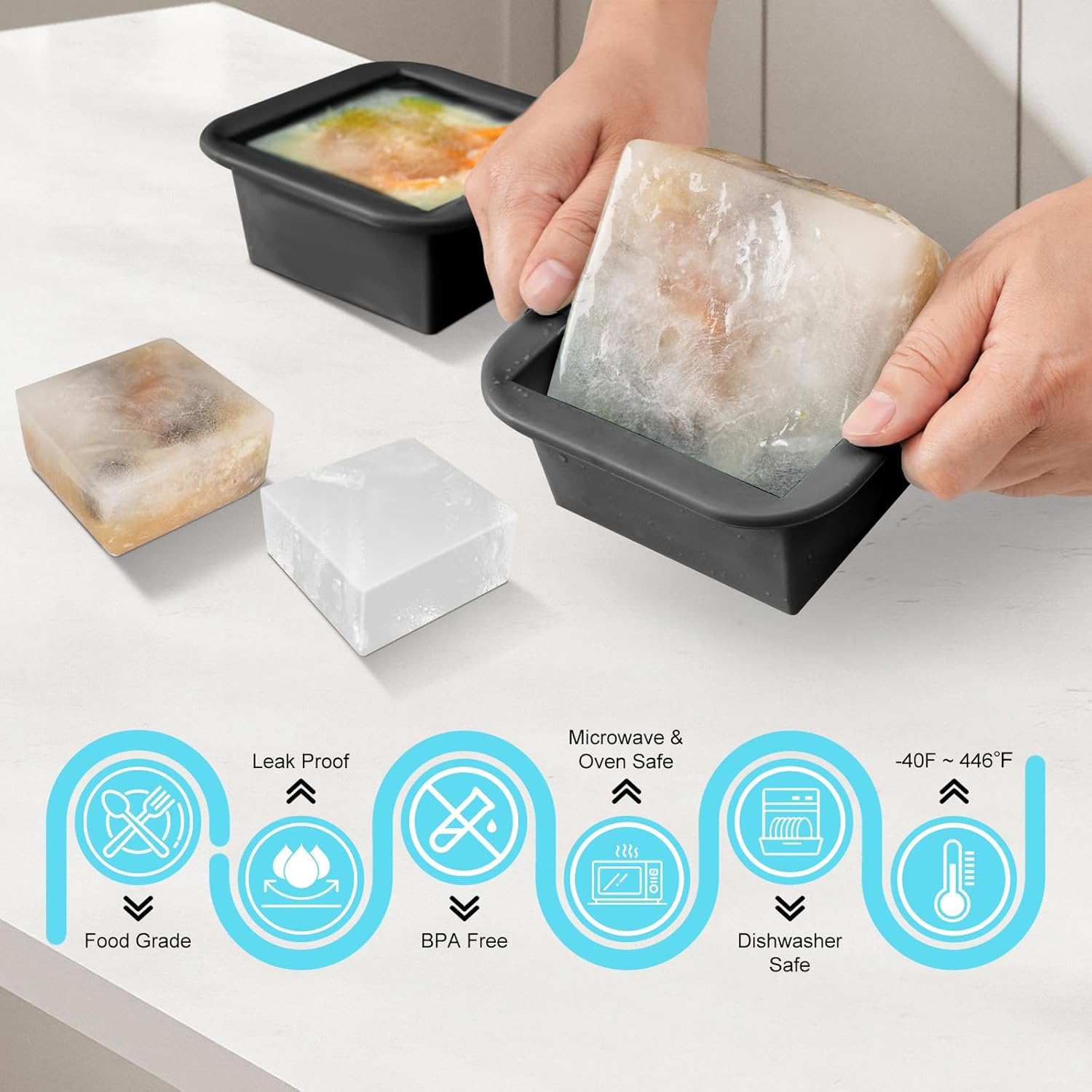 Silicone Freezer Tray with Lid 4 Pack Silicone Freezer Molds Ice Cube Tray Makes 8 Perfect 1 Cup Portions Soup Cubes Meal Prep Containers- Oven & Dishwasher Safe