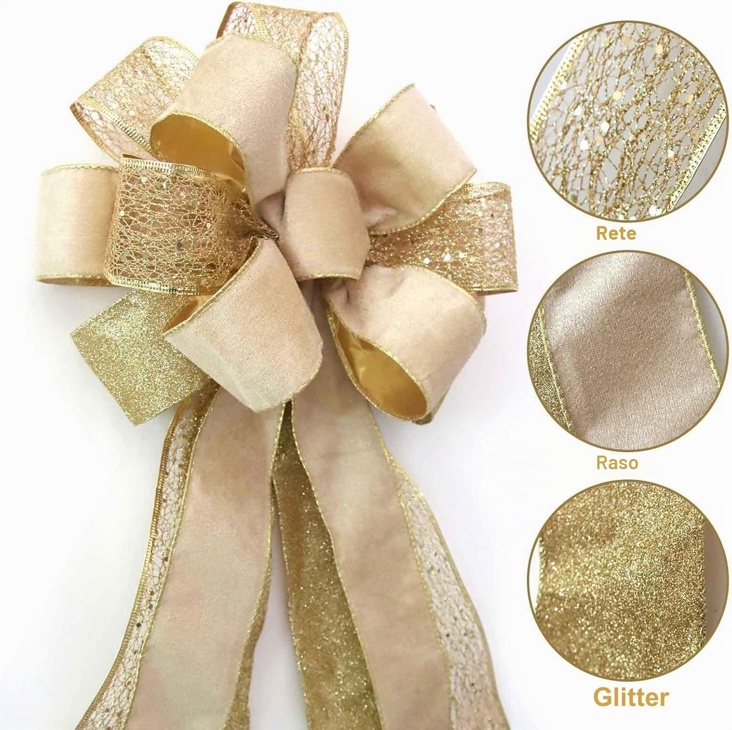 LATERN Dorato Fiocco Puntale per Albero di Natale, 30CM x 110CM Grande Fiocco Natalizio in Velluto Cappello con Raso Glitterato Stelle Filanti per Natale Albero Camino Ghirlanda Porta Casa Decorazioni
