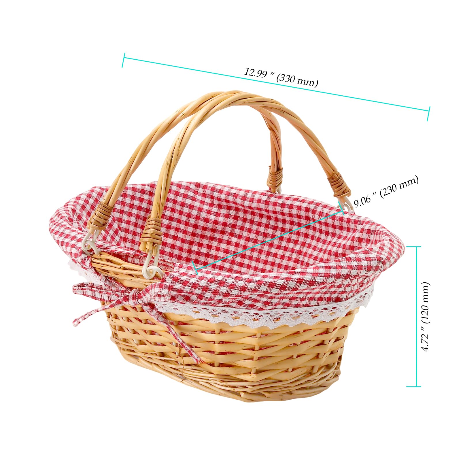 2 Stück Picknickkorb aus Weide, 33x23x12cm, Handgeflochtener Weidenkorb mit Henkel und Gingham Futter, Großer Geflochtener Korb für Obst, Einkaufen, Eiersammeln, Hochzeit und Picknick