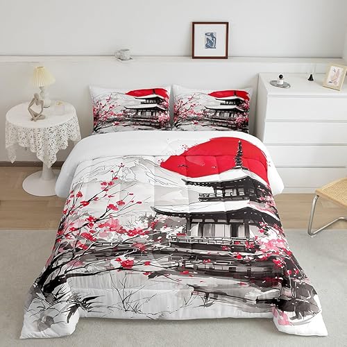 Miniatura 16 de Erosebridal Juego de edredón tamaño individual samurái de estilo japonés para niños y adultos, juego de ropa de cama de calavera roja y negra,