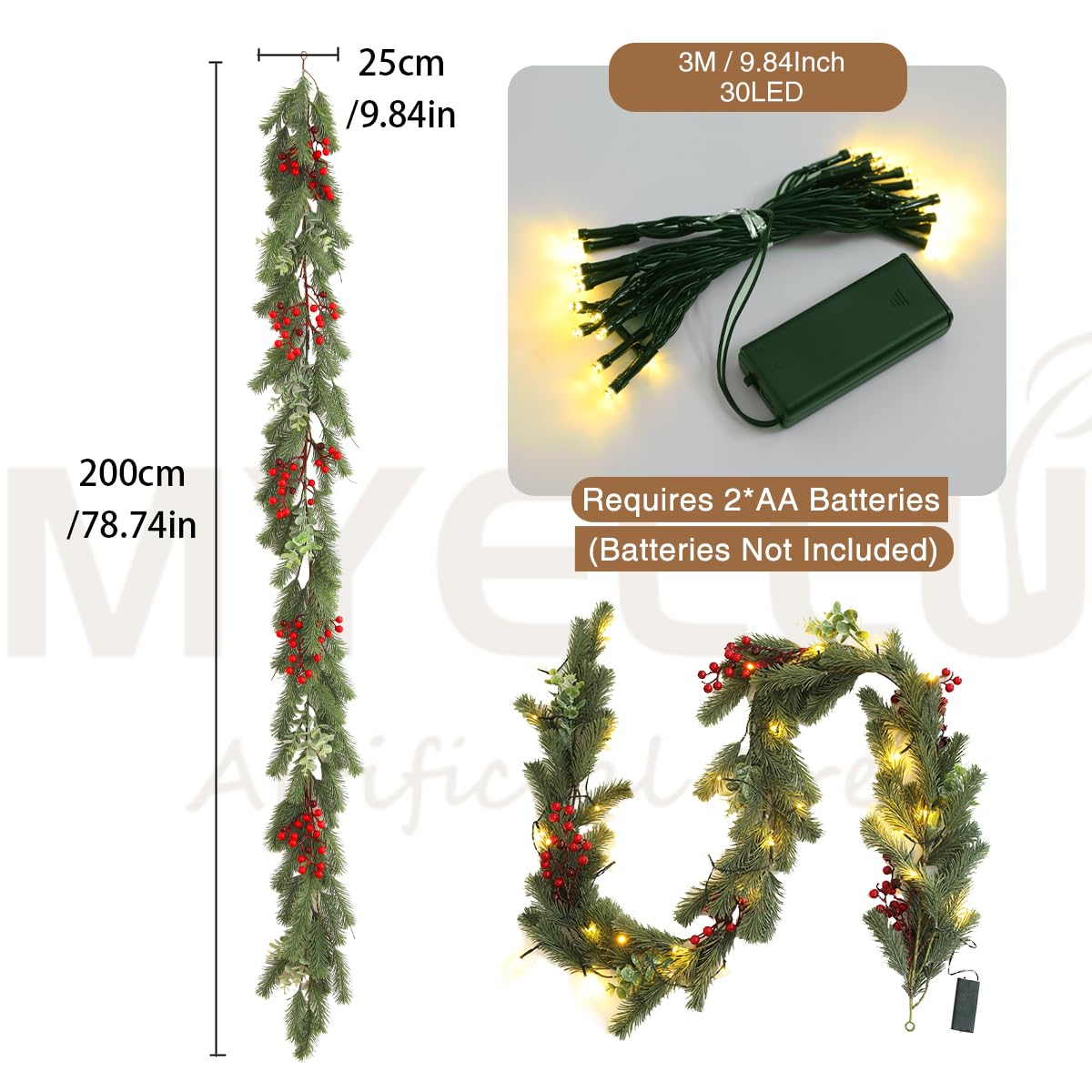 Guirlande Artificielle Noël Éclairage Décoration - 1 Pack Petite Guirlandes de Sapin avec LED Guirlande de Noël pour Intérieur Porte Fenêtre Décoration Christmas Garland