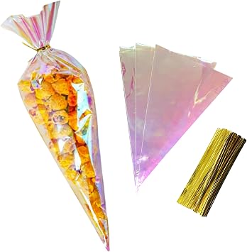 FERENLI 50 Pcs 6.1x10 inch Cone Shaped Iridescent Holographic Cellophane Treat Bags with Twist Ties Plastic Goodie Bags for Candy Popcorn Snack Birthday Party Favors Packaging Iridescent Clear
