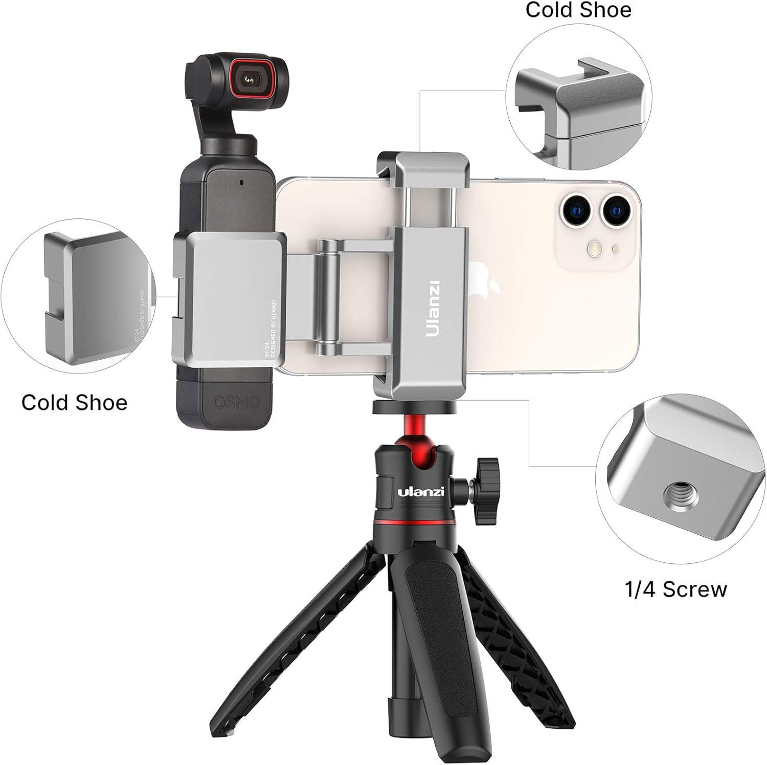Tech Deals 🔥 Smartphone Holder for DJI OSMO Pocket2, Foldable Metal Smartphone Clamp for DJI Osmo Pocket 2 with Tripod Mount and Cold Shoe Mount for LED Video Light , Microphone and Large Size Smartphone