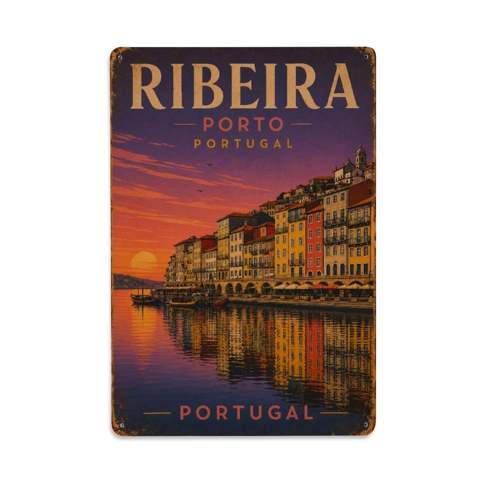 Huiyhb 8X12inch(20X30cm) Vintage Travel Ribeira Sunset Reflections Colorful Houses Portugal Metal Tin Sign
