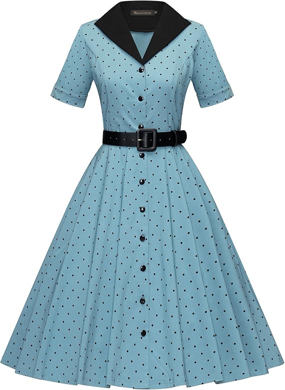 GownTown Women's 1950s Style Midi Shirt Dress - Pink Cocktail Dress With Belt & Lace Top, Size X-Large