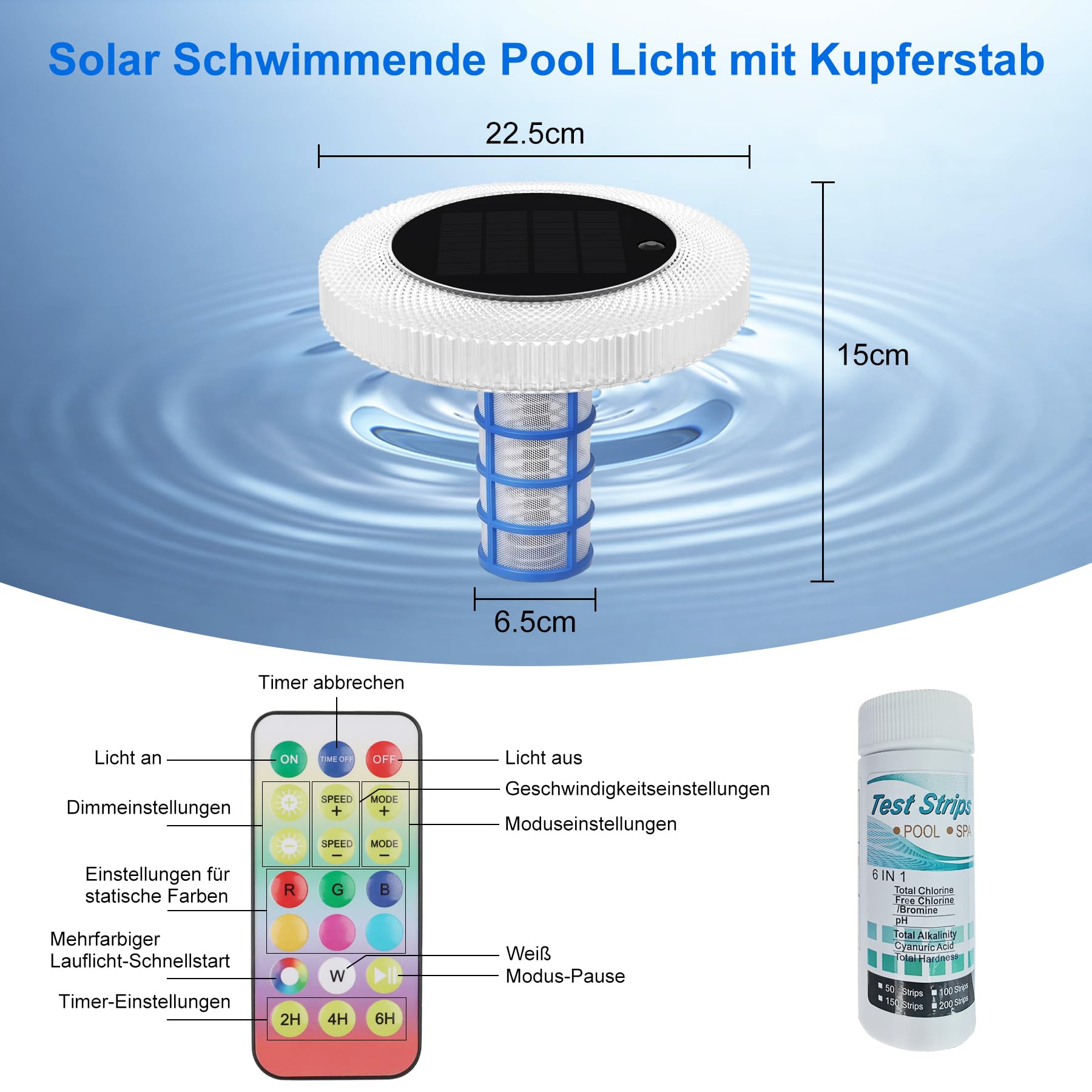sylvwin Ionizador Solar para Piscinas ánodos de Cobre, purificador de Agua Flotante con ánodo de Cobre para Piscinas, iluminación Solar para Piscinas, Luces solares RGB
