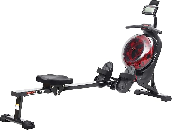 Sunny Health & Fitness Elite Water Rower with High Dynamic Resistance Vertical Tank, Low-Impact Full-Body Workout, Compact Flippable Cardio Rowing Machine for Home
