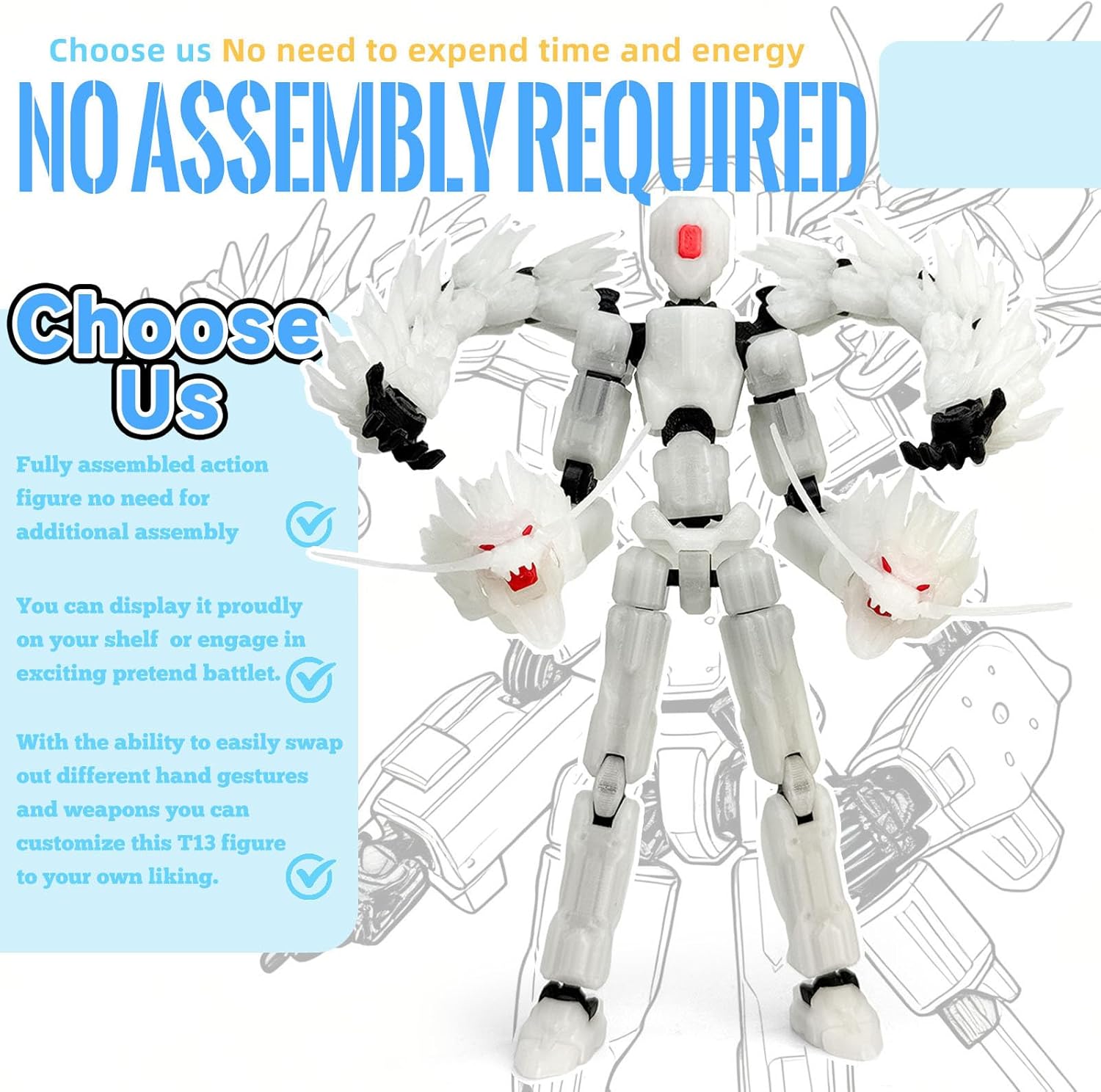 8inch T13 Assembly Completed Action Figure Set,T13 Multi-Jointed Movable There is a 3D Printed Dragon on his Body,for Collectors Desktop Decorations t-13 Movability 3D Printed Toys (White Hair Blue)