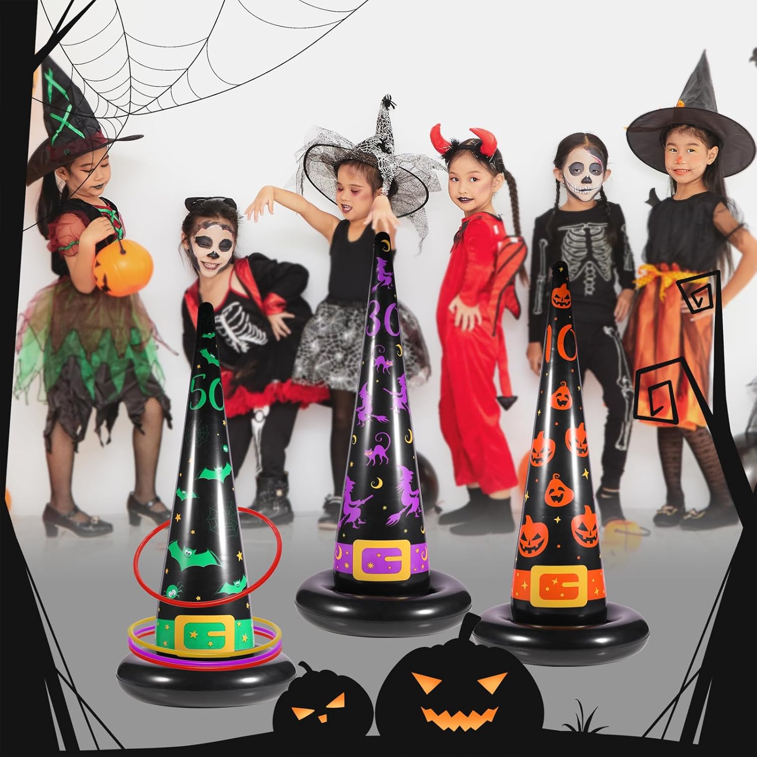 Halloween Ring Toss Game Set, Inflatable Witch Hat Ring Toss Game with 10 Plastic Rings and Air Pump, Super Fun Halloween Games for Family Party Supplies Halloween Decorations