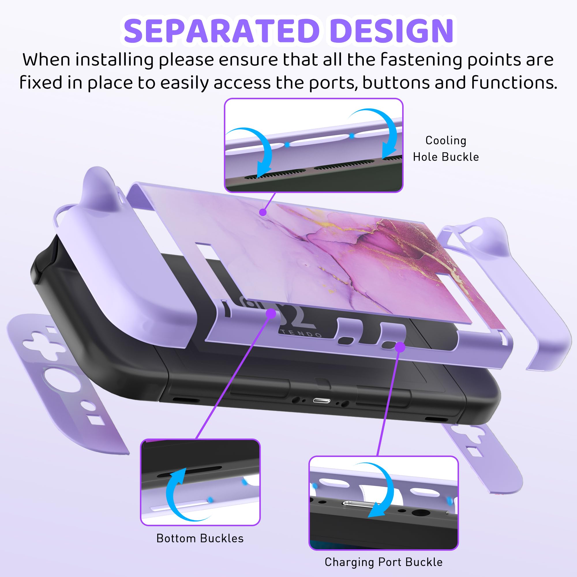 FUNDIARY Custodia da viaggio per Nintendo Switch 2 con design marmo viola, accessori carini con custodia portatile, custodia protettiva agganciabile, pellicola proteggi schermo, tracolla e 2 tappi per