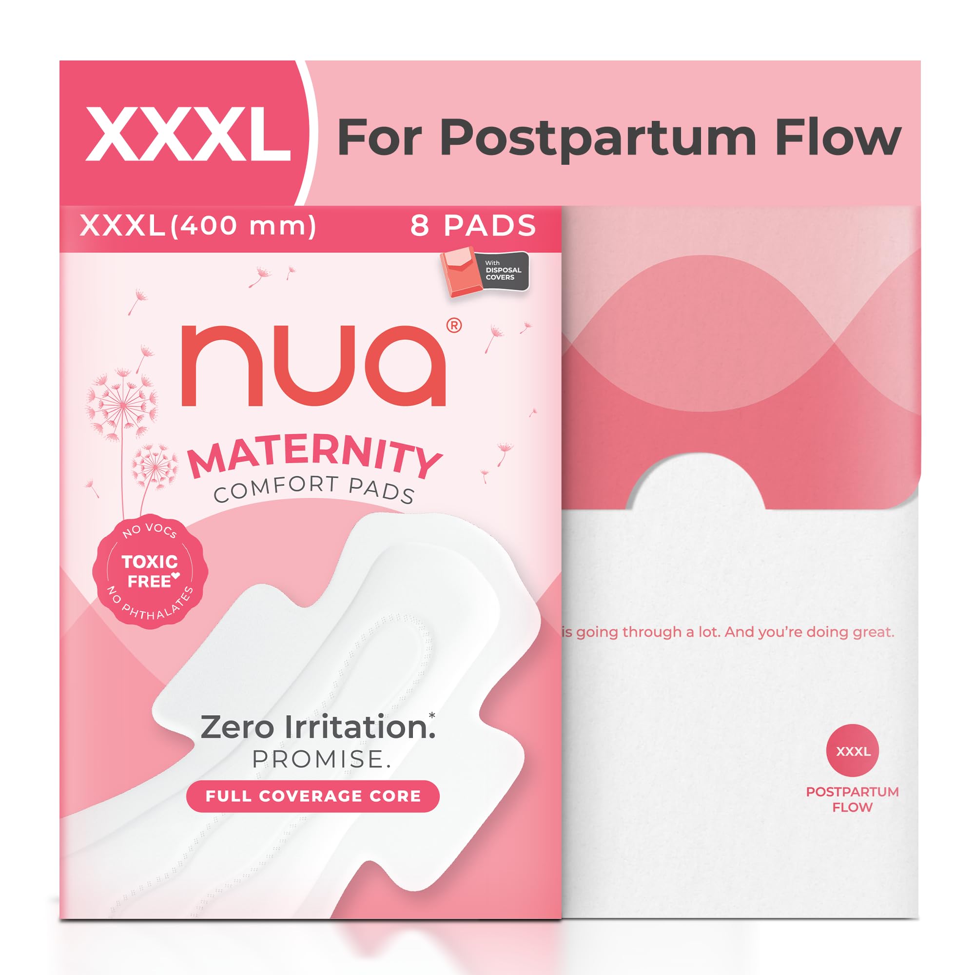 - Nua Maternity Comfort Pads | XXXL 400mm | Pack of 8 | For Postpartum Bleeding and Clots | Rapid Absorbent Core | Edge-to-edge Protection | Elevated Central Core | Front to Back Coverage | Super Soft and Breathable | No Rashes | 100% Toxic-Free, Dermatologically Tested | Safe on Skin | Convenient and Hygienic Disposal