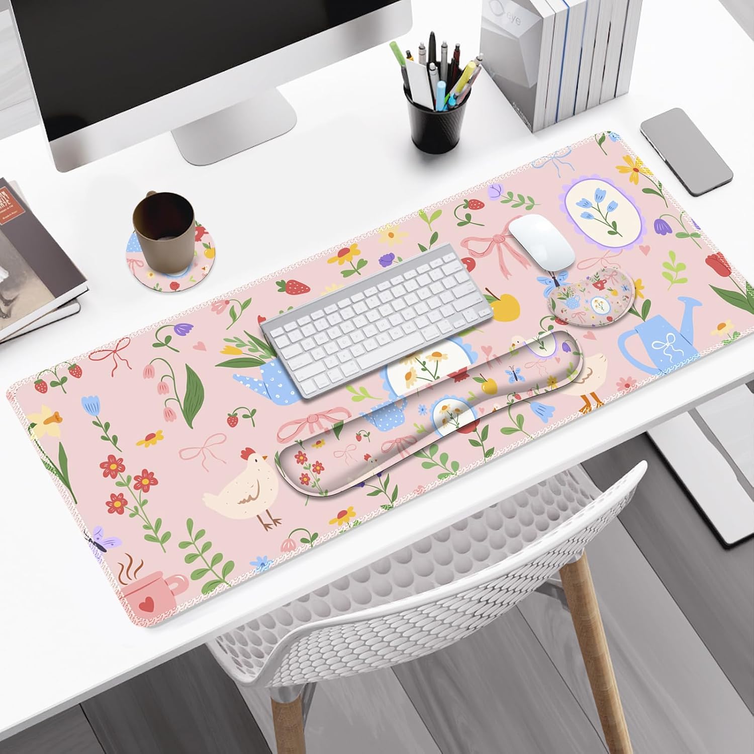 Large Gaming Mouse Pad Set, Adorable Style 4 in1 Ergonomics Keyboard Desk Mat with Memory Foam Wrist Rest, Extended Game Mousepad, Non-Slip Desk Pad Matt Easy Typing Pain Relief I Pink Girly