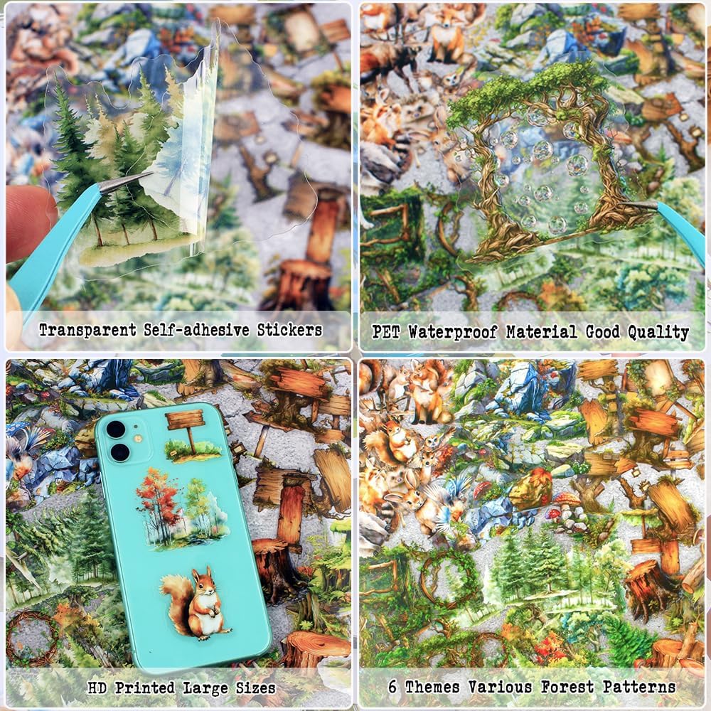 150Pcs PET Forest Landscape Stickers for Journaling and Scrapbooking, 6 Themes with Pine Trees Woodland Animals Wooden Stumps Moss Nature Scene Stickers for Junk Journal Supplies, Collage