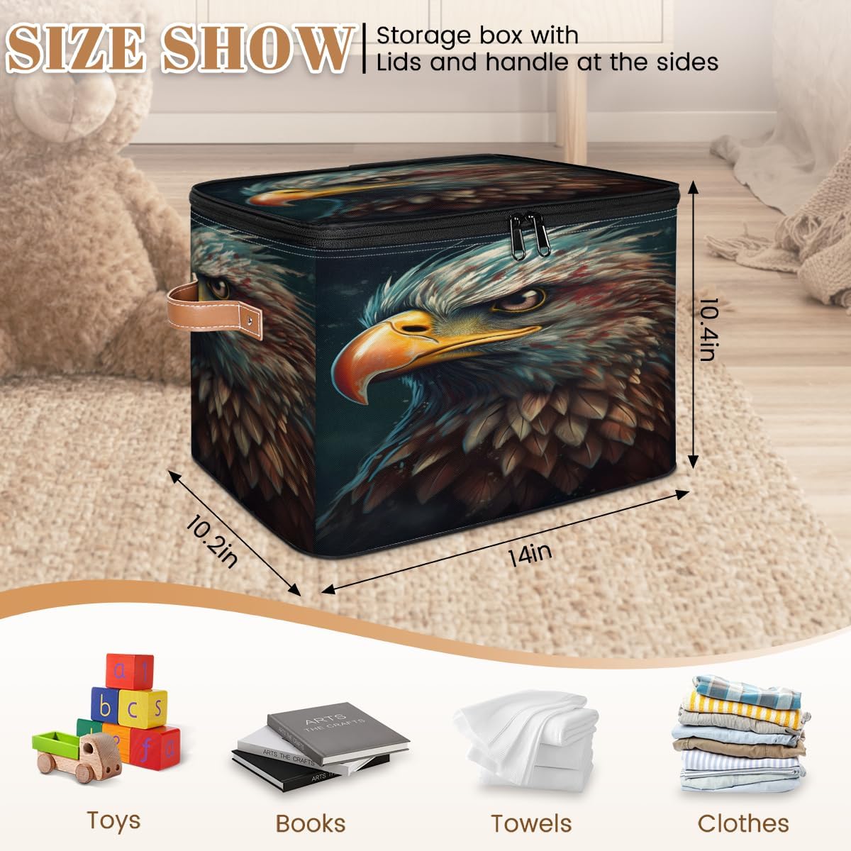 Storage Bin Set of 2 Eagles Pattern Storage Basket with Zipper Lid & Handle Foldable Closet Shelf 2 Pack Cloth Organizer Basket Cube Bins Clothes Organizer for Bedroom, Nursery