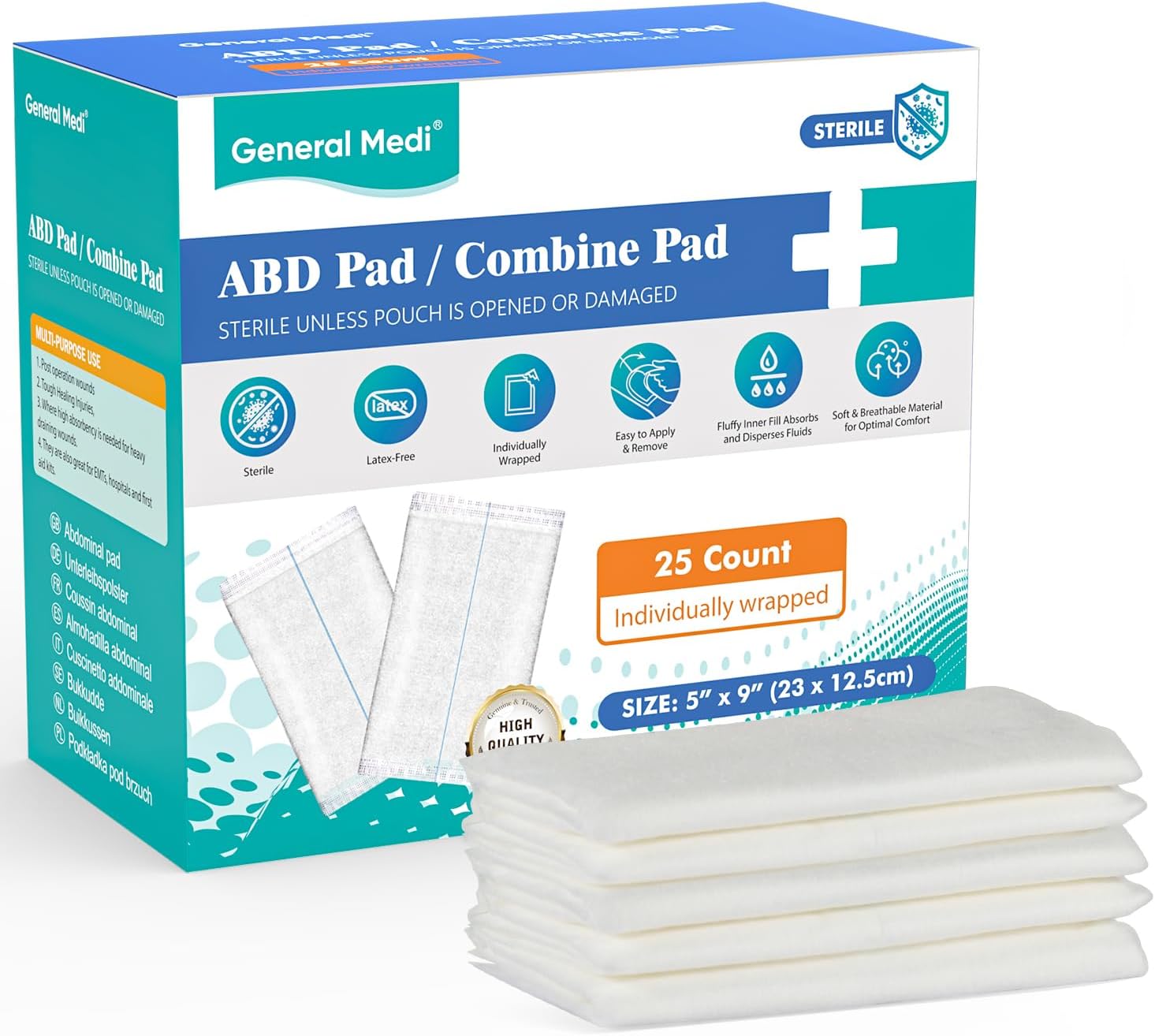 General Medi Sterile Abdominal (ABD) Combine Pads - 25 Count 5" x 9" Individually Wrapped Abdominal Pads, First Aid Pads - Absorbent & Thick