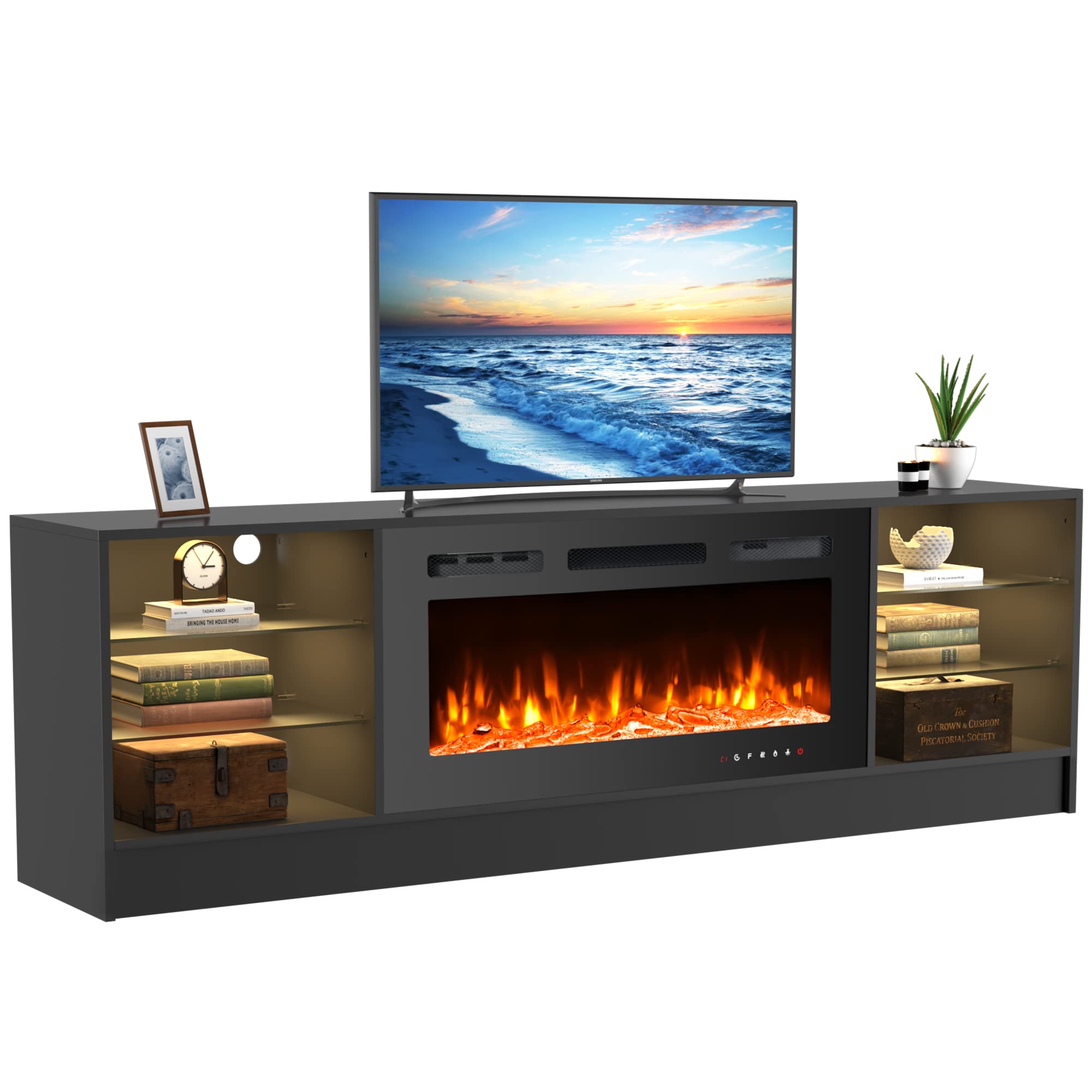 MELLCOM 70" Fireplace TV Stand with 36" Electric Fireplace, Entertainment Center with Adjustable Glass Shelves, TV Console for TVs up to 70", TV Table for Living Room,Bedroom,Office, Black