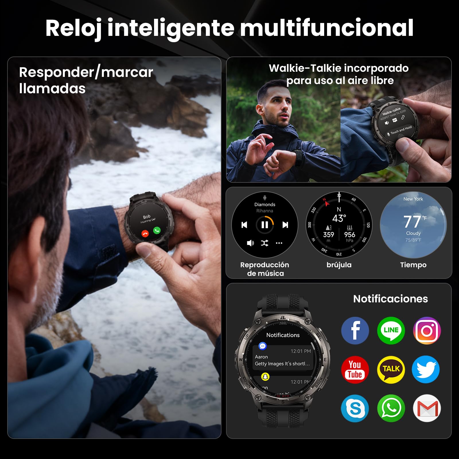KOSPET Tank T4 Special Edition Smartwatch, Reloj Robusto AMOLED 1,43” con GPS y mapas Offline, 10ATM para Buceo Libre, batería 50 días, Llamadas Bluetooth (2 Correas)-Negro