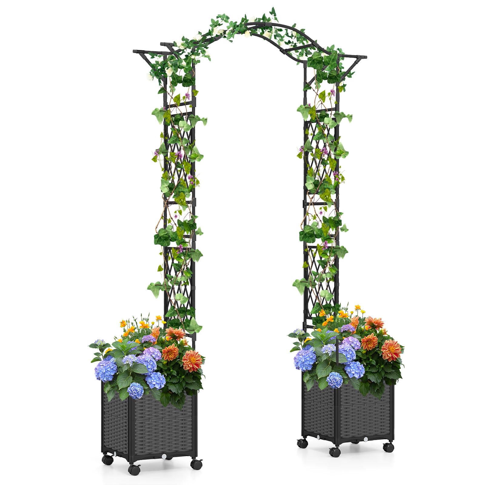 COSTWAY Arco da Giardino con 2 Fioriere Auto-irriganti e Ruote, Supporto per Piante in Metallo Rivestita PE Antiruggine, Grande Arco per Viti e Rose da Matrimonio all'Aperto (Grigio)